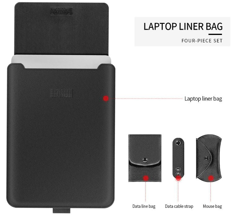 Black laptop sleeve with example laptop and small accessory holders; confirm included contents