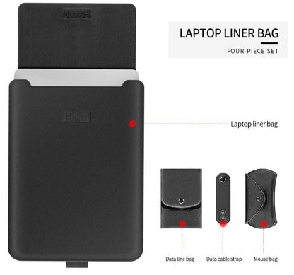 Black laptop sleeve with example laptop and small accessory holders; confirm included contents