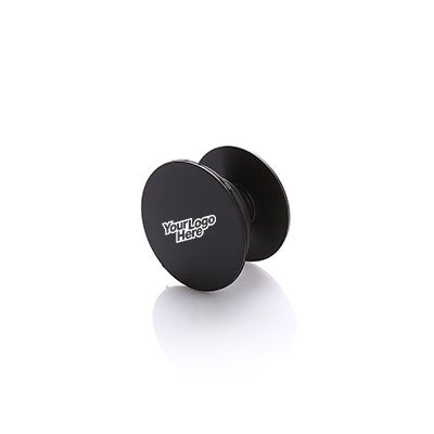 Black round phone grip with illustrative Your Logo Here artwork centred on the circular face