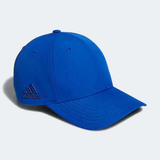 adidas Six-Panel Golf Cap in vibrant blue color, perfect for style and sun protection on the golf course.