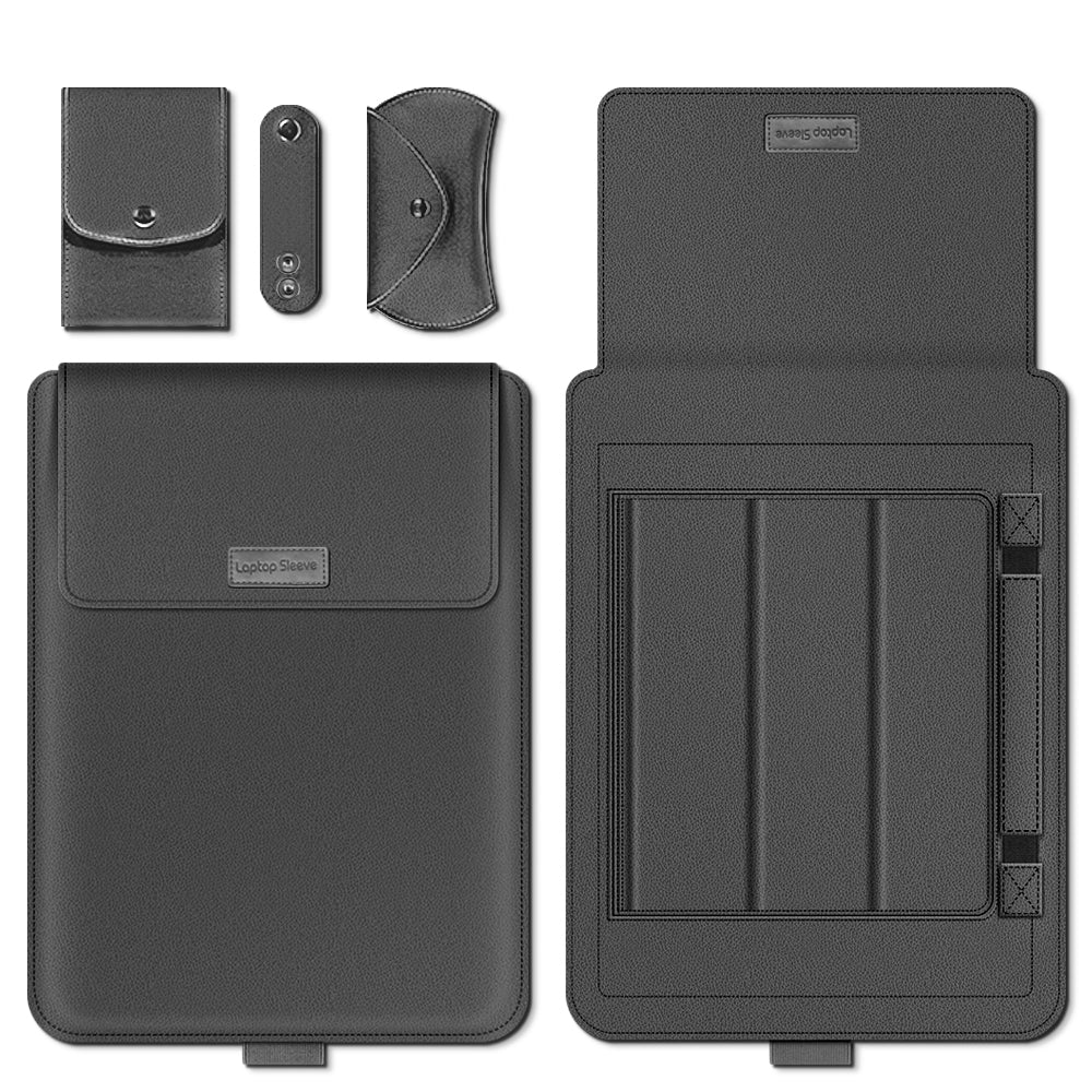 Black multifunction laptop sleeve shown closed and open with folding support and separate accessory-holder examples