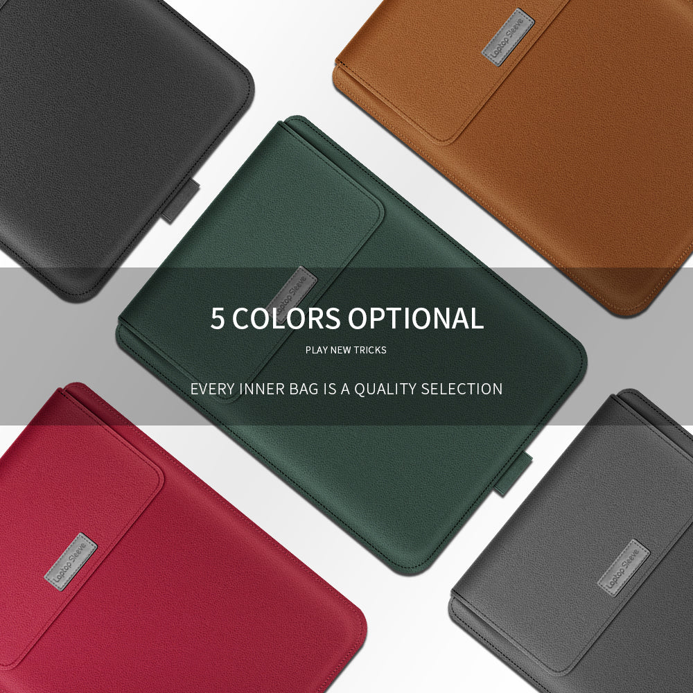 Multifunction laptop sleeve colour examples in black, green, orange, grey and red