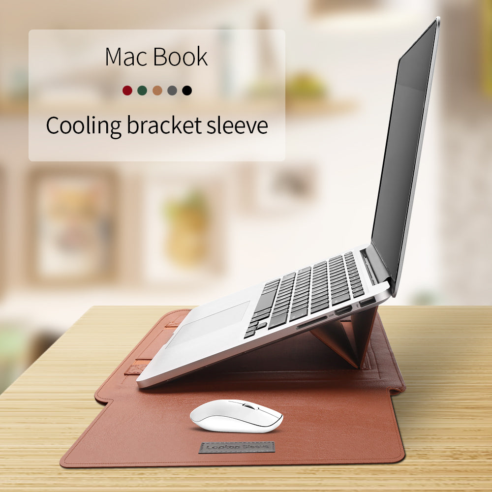 Example laptop resting on the folding sleeve stand with a mouse on the extended pad