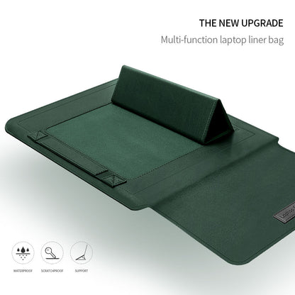 Green laptop sleeve opened with a raised folding support and extended mouse-pad surface