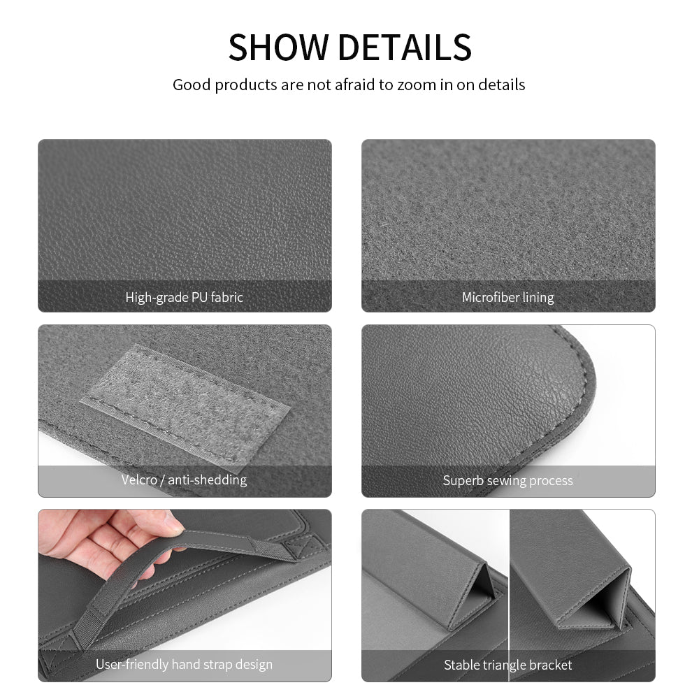 Detail views of the multifunction sleeve material, edges, support folds and closure
