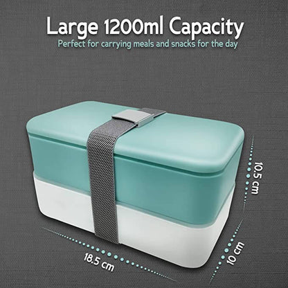 Two-tier lunch box with grey band in a catalogue 1200ml capacity and measurement diagram