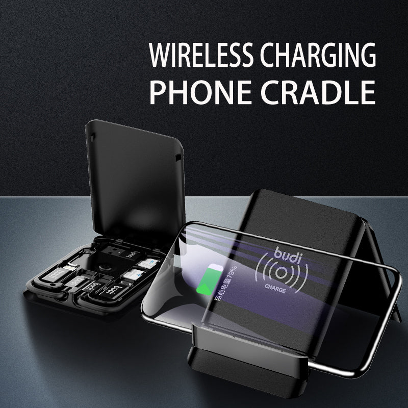 Portable cable box used as a phone cradle, with catalogue illustration of wireless charging