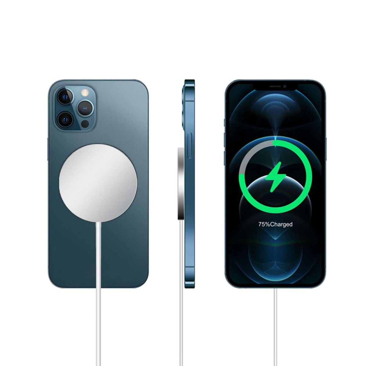 Magnetic charging puck shown on the back of a phone beside a charging-screen illustration