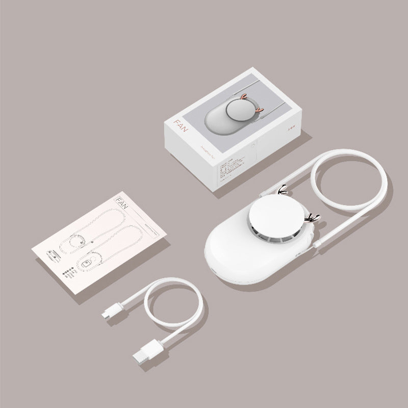 White oval personal fan displayed with neck strap, charging cable, printed insert and presentation box