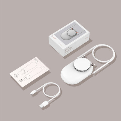 White oval personal fan displayed with neck strap, charging cable, printed insert and presentation box