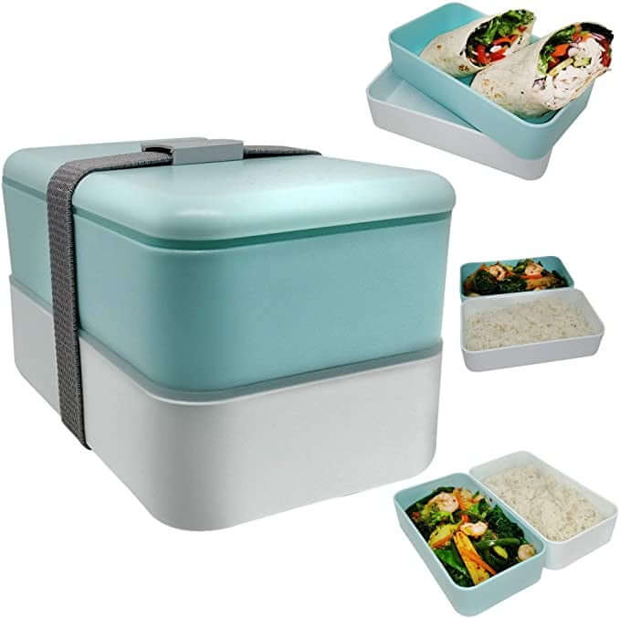 Blue two-tier lunch box with retaining band beside separate tiers illustrated with food