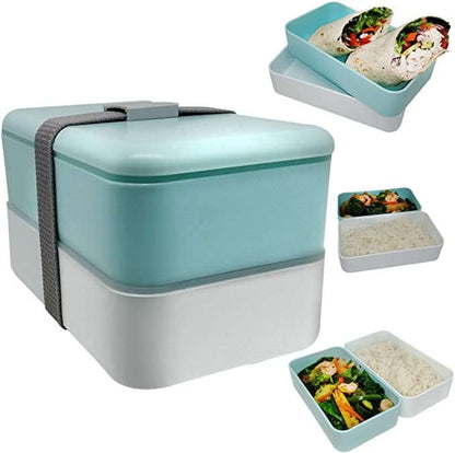 Blue two-tier lunch box with retaining band beside separate tiers illustrated with food