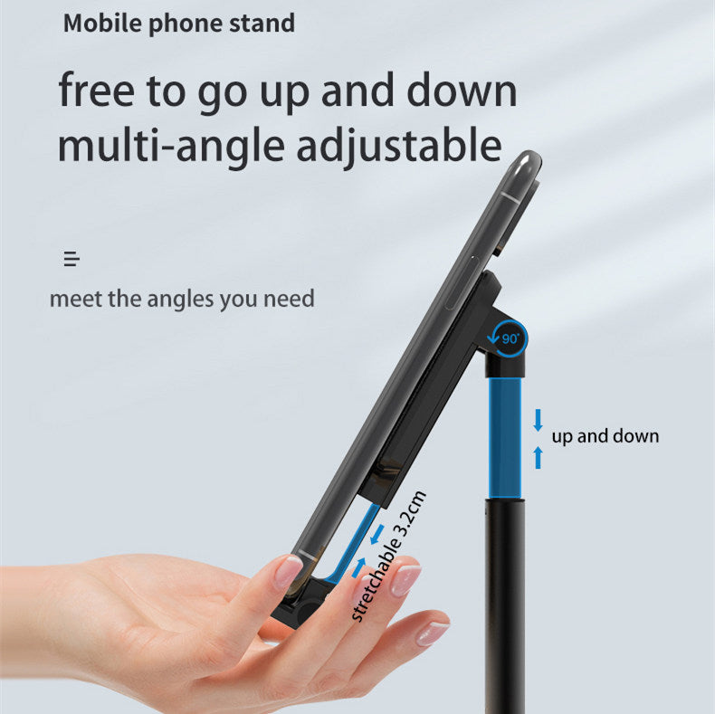 Side-view diagram showing height and viewing-angle adjustment of the dual charging phone stand