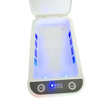 Illustration of the white UV box with its lid open, showing the interior chamber, side light panels and front control buttons
