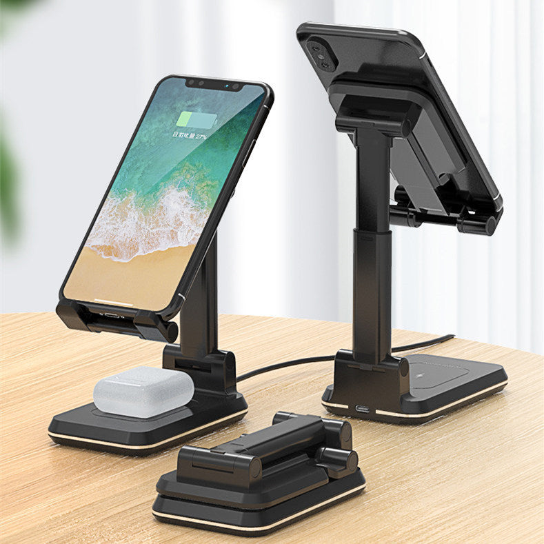 Black dual charging phone stand shown from front and rear and folded flat