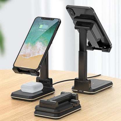 Black dual charging phone stand shown from front and rear and folded flat