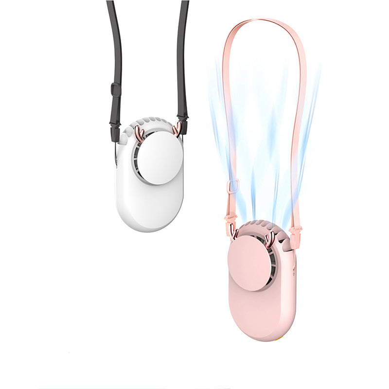 White and pink oval rechargeable personal fans shown with neck straps and circular front supports
