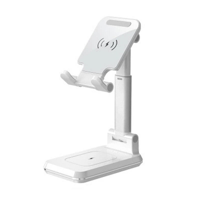 White dual charging stand with adjustable upright phone cradle and flat charging base