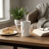 Brand Charger Ember - New Bone Cup with steaming coffee on a wooden table beside a croissant and a book.