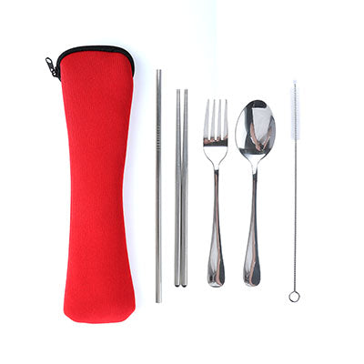 Stainless Steel Cutlery Set with Straw in Neoprene Pouch Executive Gifts Singapore