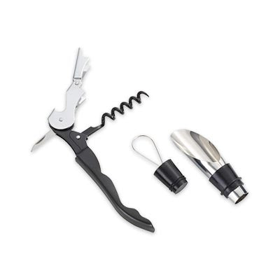 Unfolded black-handled corkscrew beside the metal-coloured wine pourer and its removable stopper