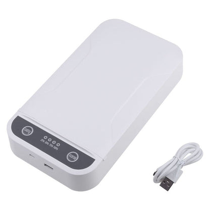 White portable UV treatment box with a closed lid, dark front control panel and a separate white USB cable