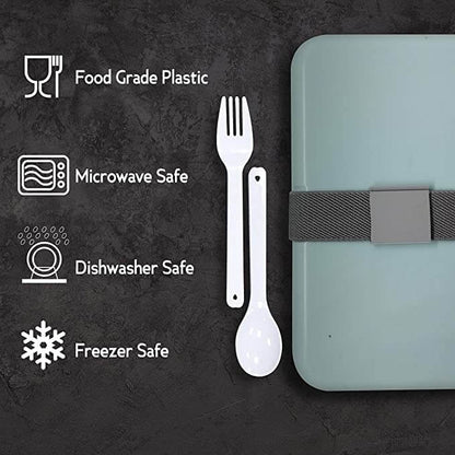 Lunch box lid and utensils beside catalogue food-contact and care symbols requiring current component confirmation