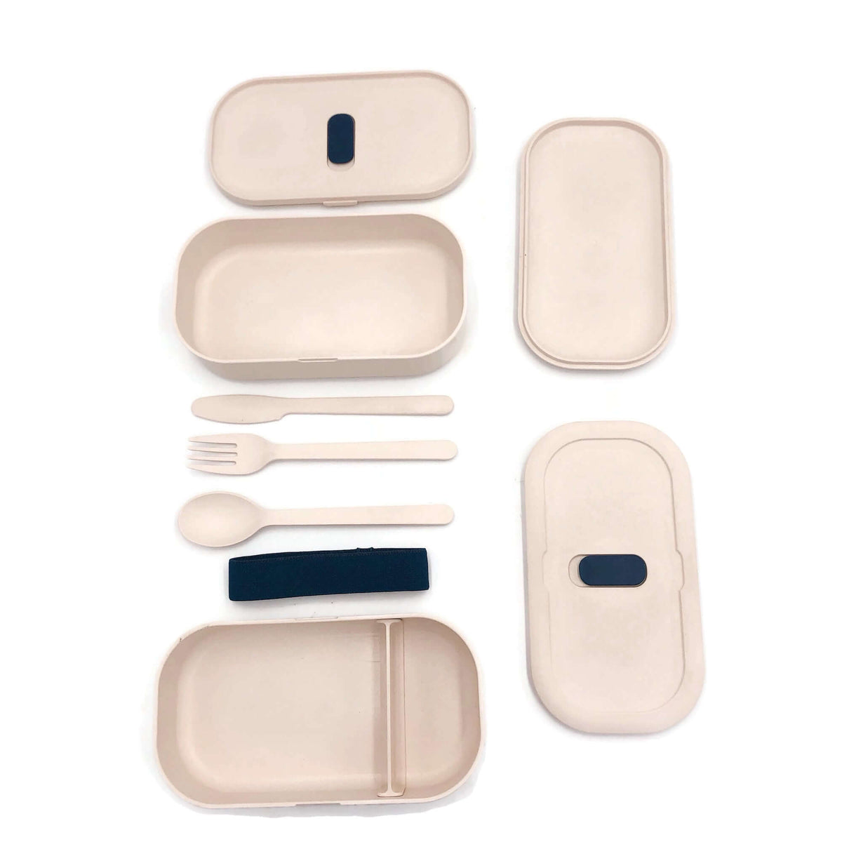 Two-tier lunch box components laid out with containers, covers, cutlery and securing band