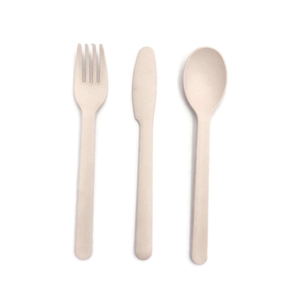 Beige fork, knife and spoon included with the two-tier lunch box