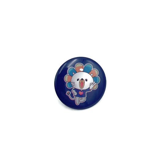 Round blue collar pin sample with a glossy illustrated front; artwork is an example for custom-design discussion