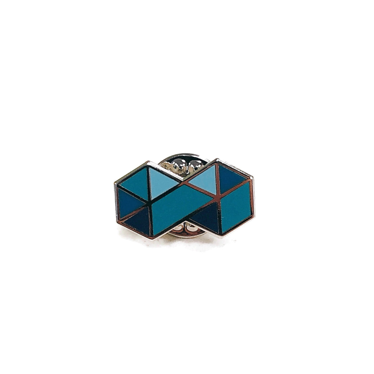 Enamel collar pin front with blue and teal geometric sections and silver-coloured outlines