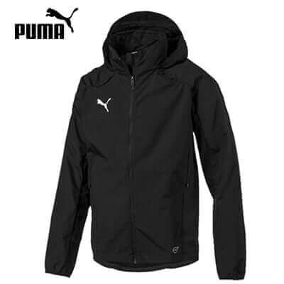 Black Puma Liga Training Rain Jacket shown from the front with full zip, raised hood and white chest logo
