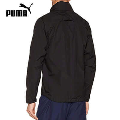 Rear view of black Puma Liga Training Rain Jacket worn with the hood down and long sleeves