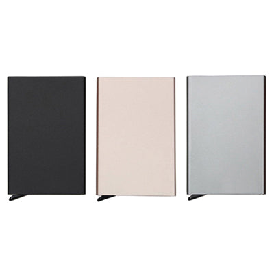 Metal card holder colour examples in black, gold and silver