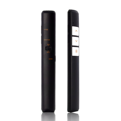 Slim black presentation clicker shown from front and side, with three light-coloured control buttons along the narrow edge