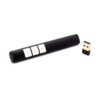 Slim black presentation clicker with three control buttons, shown beside its small USB-A wireless receiver