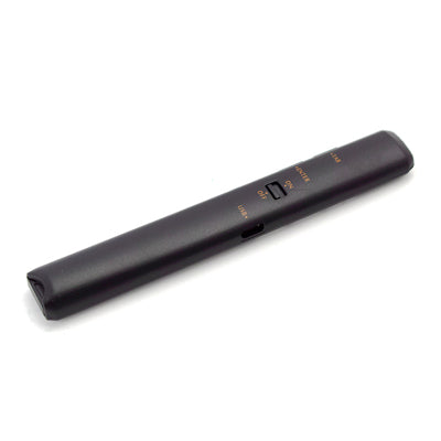 Angled front view of the slim black presentation clicker showing its narrow body and central slide switch