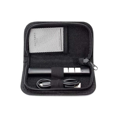Open black zip carry case with the slim presentation clicker held under an elastic strap and a coiled cable below