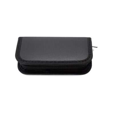 Closed black zip carry case for the slim presentation clicker, shown with a fabric front flap and side zip pull