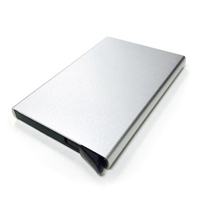Silver-coloured metal card holder shown closed with a plain rectangular face
