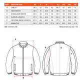 Sizing chart for the UNO Boss Jacket with measurements for various sizes including XS to 4XL.