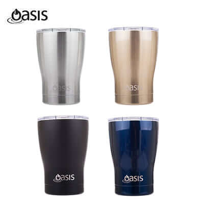 Four Oasis 340ml insulated tumblers with clear lids, shown in silver, gold-tone, black and dark blue finishes