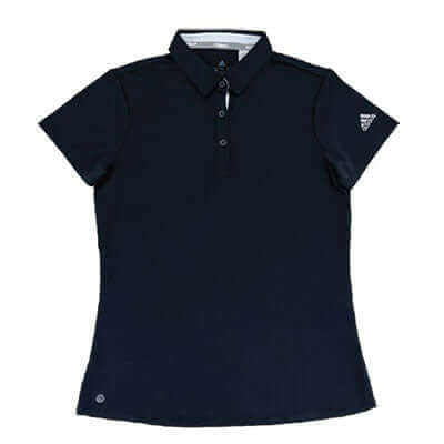 Navy adidas polo showing the shaped silhouette, button placket and sleeve logo