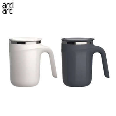 White and dark grey Artiart Doctor handled suction mugs with fitted lids and metal-coloured rim