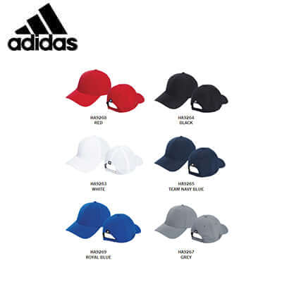Various colors of adidas Crestable Golf Performance Hat including red, black, white, team navy blue, royal blue, and grey.