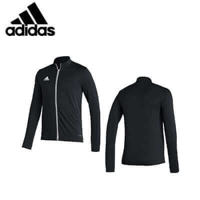 adidas Entrada 22 Track Jacket shown from front and back in black, featuring sleek design and logo.