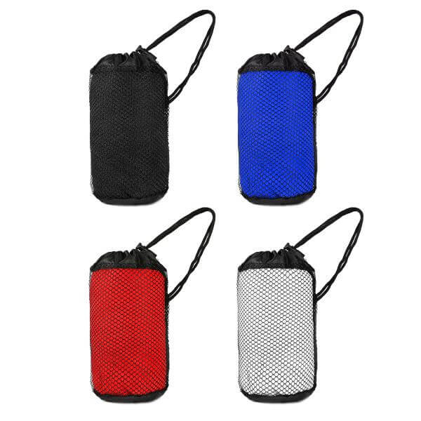 Black, blue, red and white microfiber towels packed in black drawstring mesh bags
