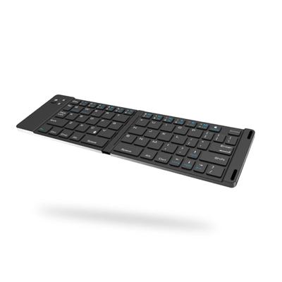 wireless foldable keyboard opened flat, showing the black key layout