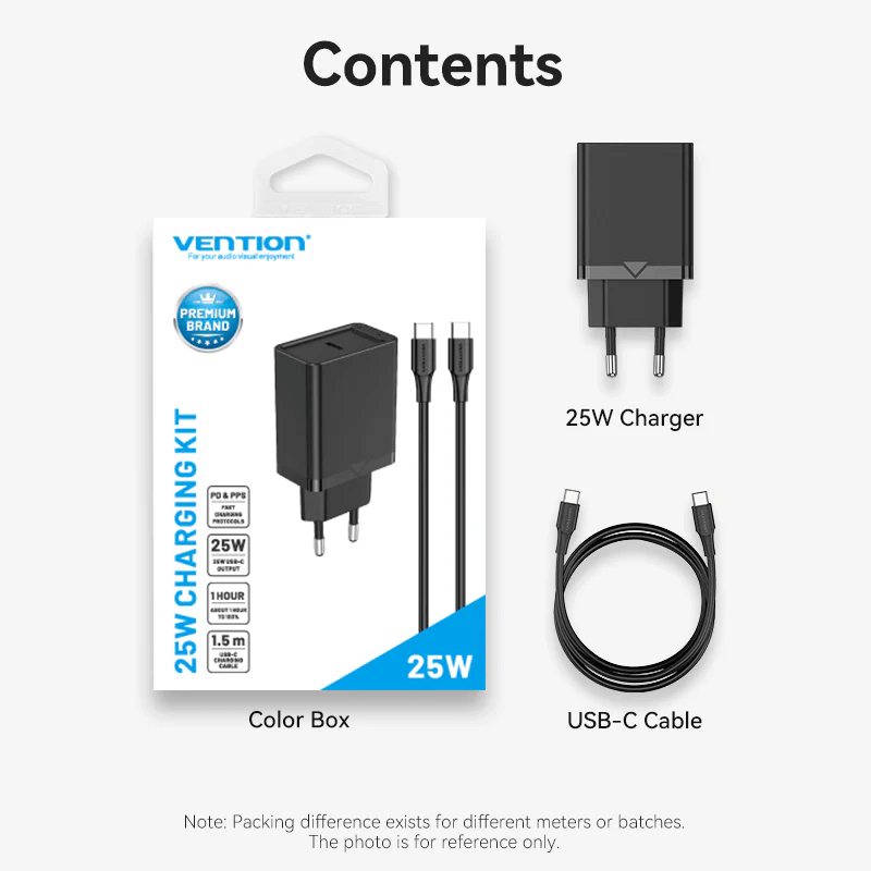 Vention 1-Port USB-C Wall Charger 25W product packaging with charger and USB-C cable