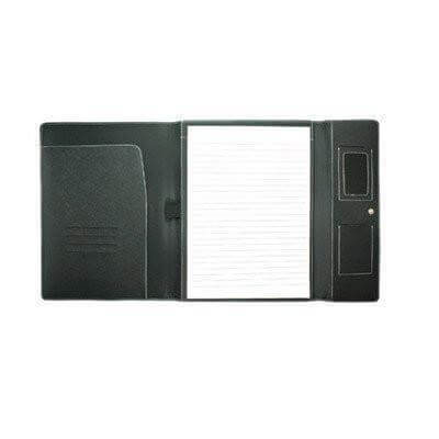 Open black A4 folder with lined writing pad, card slots, document pocket and pen-loop area